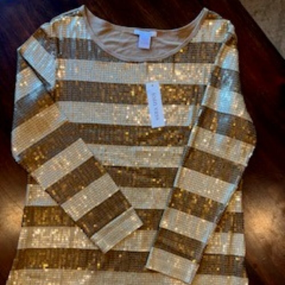 (NWT) Joan Vass Gold Sequin Striped Shirt SZ. 2 (see size chart in listing)